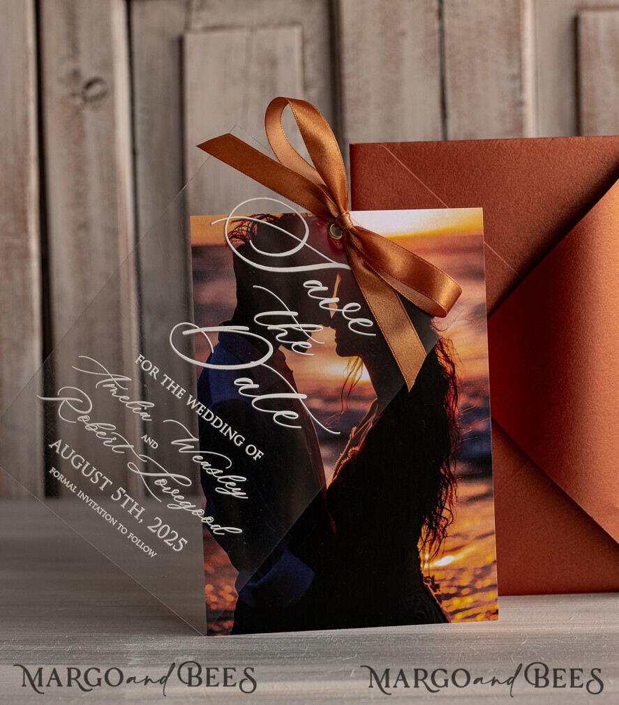 SAVE THE DATES photo vellum plexi  Callendar Clear Terracotta  Gold Save the Date Cards with Photo, Plexi Clear Save Our Dates with Photo 