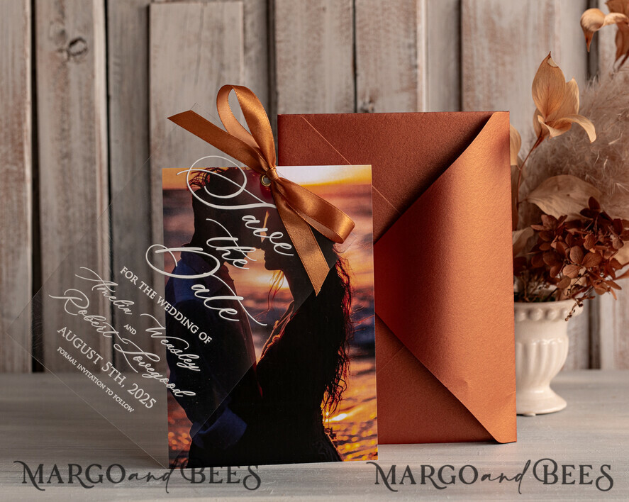 SAVE THE DATES photo vellum plexi  Callendar Clear Terracotta  Gold Save the Date Cards with Photo, Plexi Clear Save Our Dates with Photo 