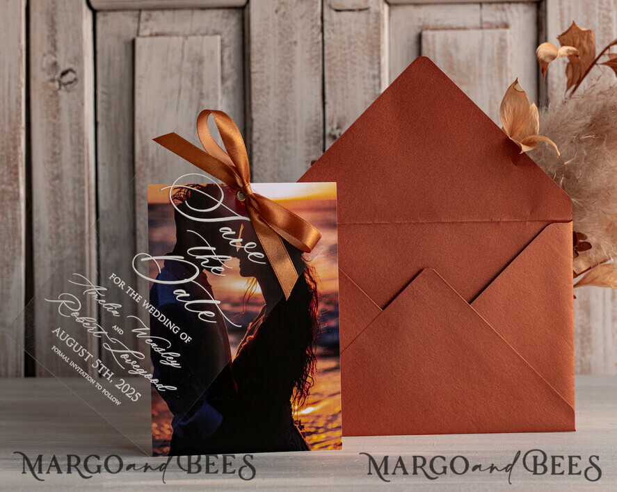 SAVE THE DATES photo vellum plexi  Callendar Clear Terracotta  Gold Save the Date Cards with Photo, Plexi Clear Save Our Dates with Photo 
