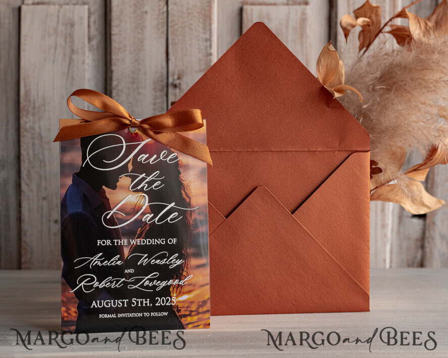 SAVE THE DATES photo vellum plexi  Callendar Clear Terracotta  Gold Save the Date Cards with Photo, Plexi Clear Save Our Dates with Photo 