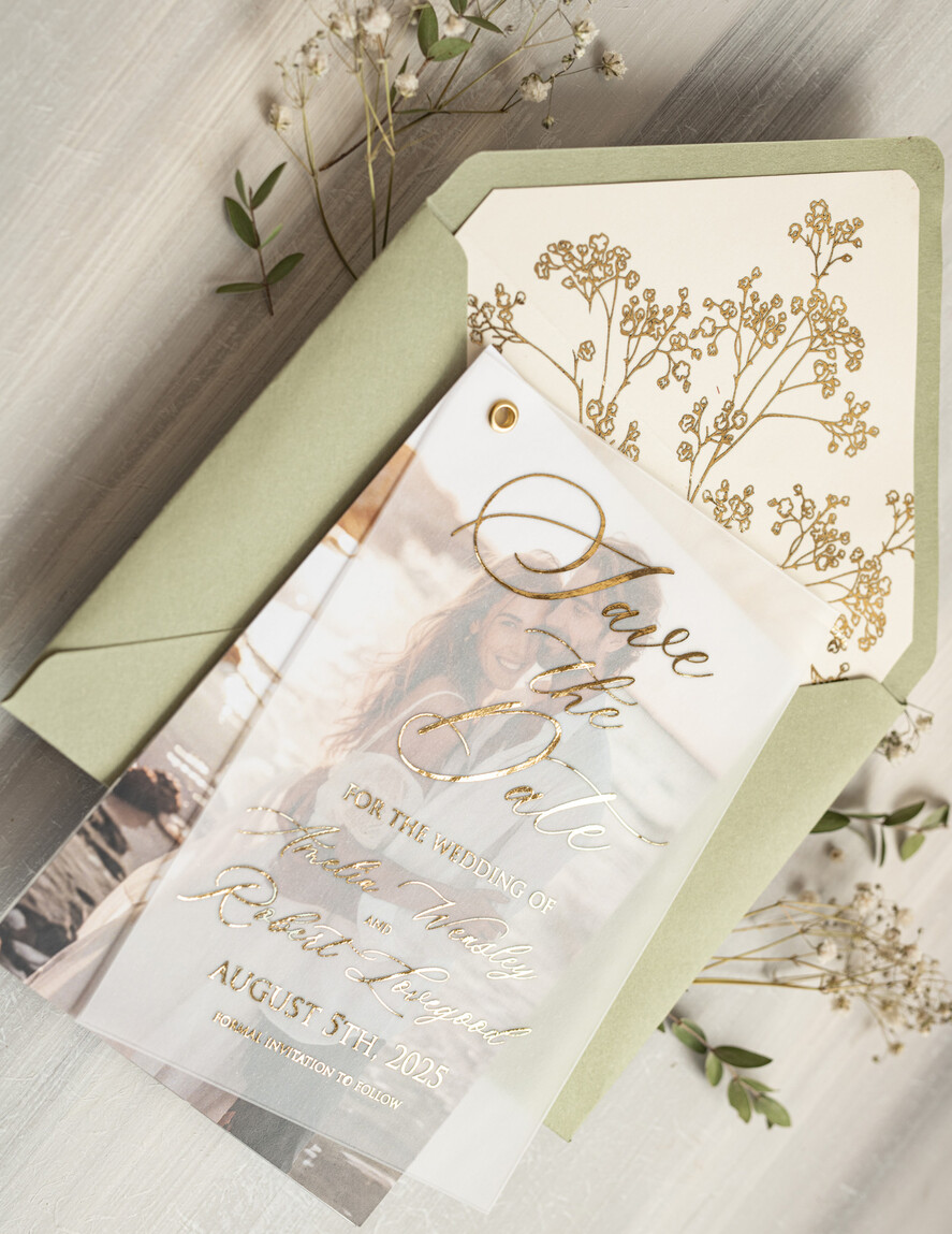 SAVE THE DATES photo vellum plexi  sage green Gold Baby Breath Save the Date Cards with Photo, Vellum Save Our Dates with Photo Gold Foil Calendar Cards 