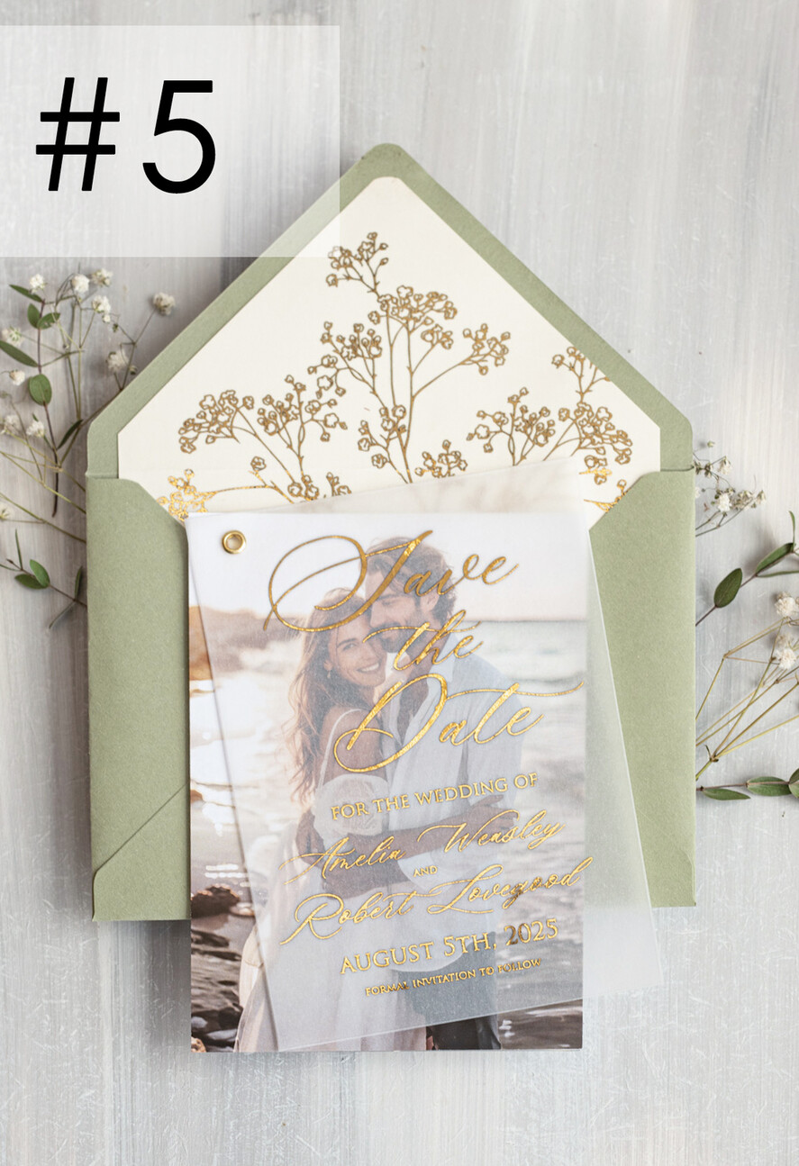 SAVE THE DATES photo vellum plexi  sage green Gold Baby Breath Save the Date Cards with Photo, Vellum Save Our Dates with Photo Gold Foil Calendar Cards 