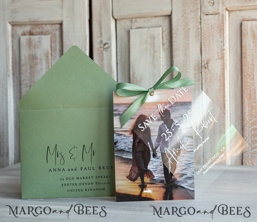 SAVE THE DATES photo vellum plexi  Sage Green Velvet Save the Date Cards with Photo, Velvet Save Our Dates with Photo Gold Foil Calendar Cards 