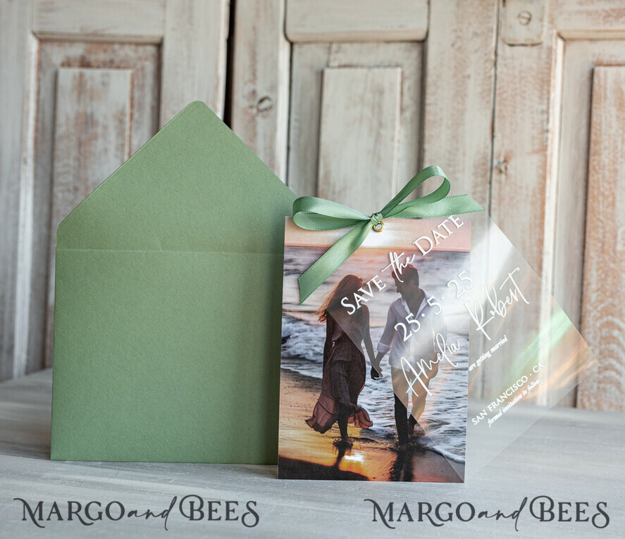SAVE THE DATES photo vellum plexi  Sage Green Velvet Save the Date Cards with Photo, Velvet Save Our Dates with Photo Gold Foil Calendar Cards 