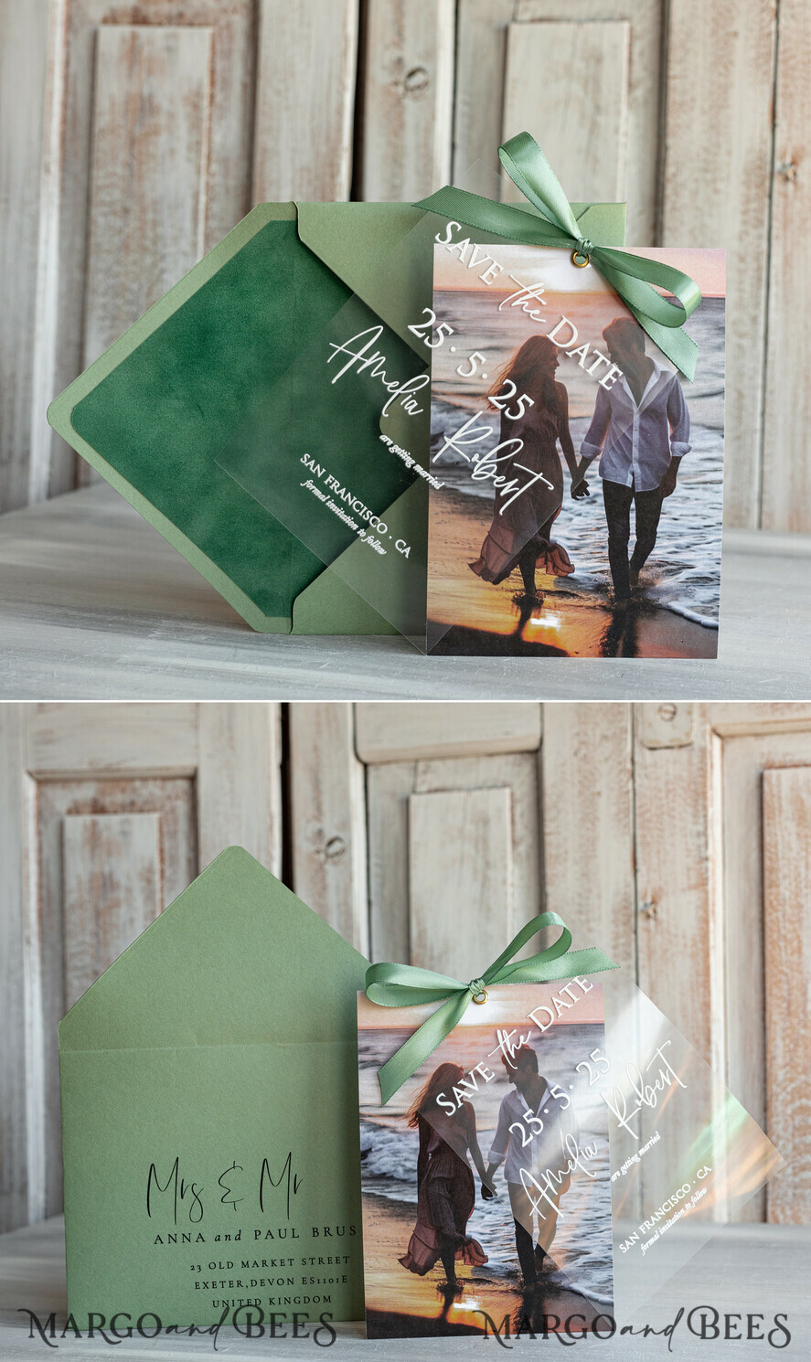 SAVE THE DATES photo vellum plexi  Sage Green Velvet Save the Date Cards with Photo, Velvet Save Our Dates with Photo Gold Foil Calendar Cards 
