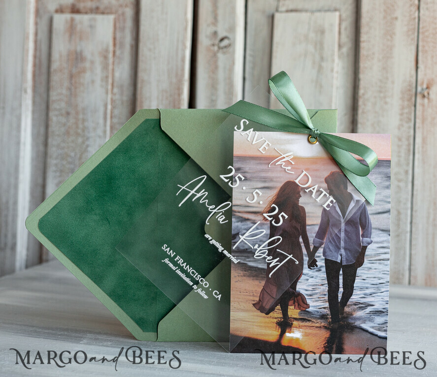 SAVE THE DATES photo vellum plexi  Sage Green Velvet Save the Date Cards with Photo, Velvet Save Our Dates with Photo Gold Foil Calendar Cards 