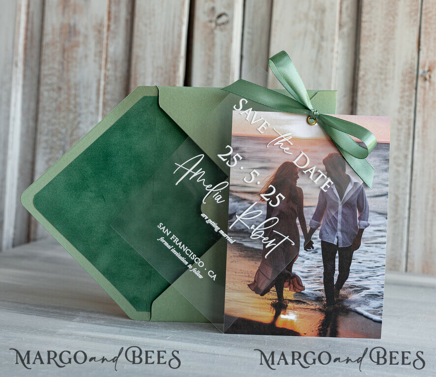 SAVE THE DATES photo vellum plexi  Sage Green Velvet Save the Date Cards with Photo, Velvet Save Our Dates with Photo Gold Foil Calendar Cards 