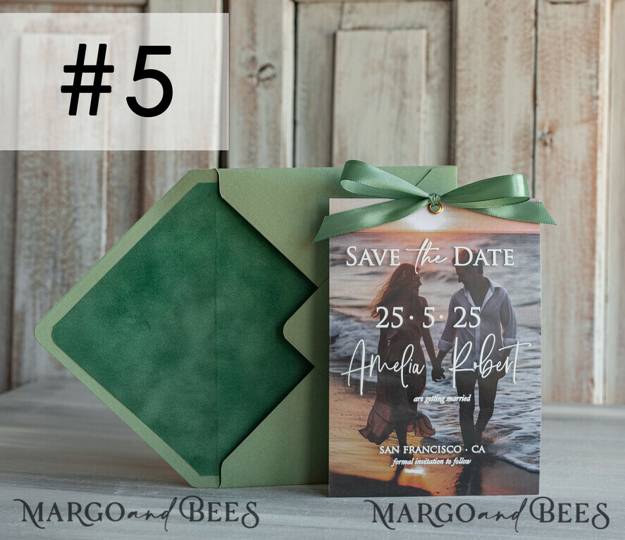 SAVE THE DATES photo vellum plexi  Sage Green Velvet Save the Date Cards with Photo, Velvet Save Our Dates with Photo Gold Foil Calendar Cards 