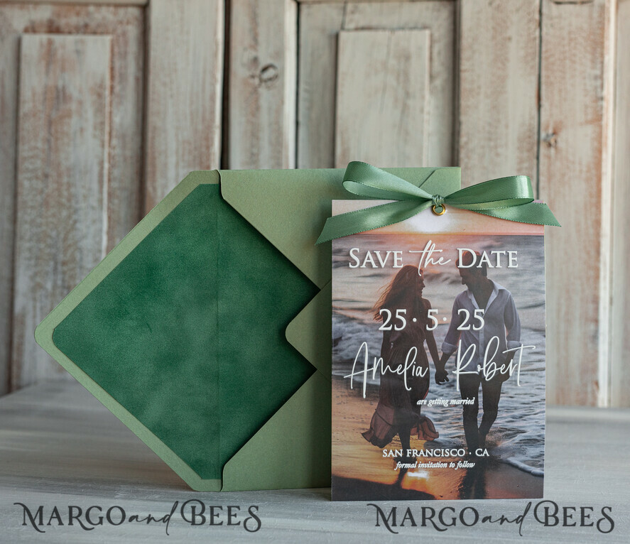 SAVE THE DATES photo vellum plexi  Sage Green Velvet Save the Date Cards with Photo, Velvet Save Our Dates with Photo Gold Foil Calendar Cards 