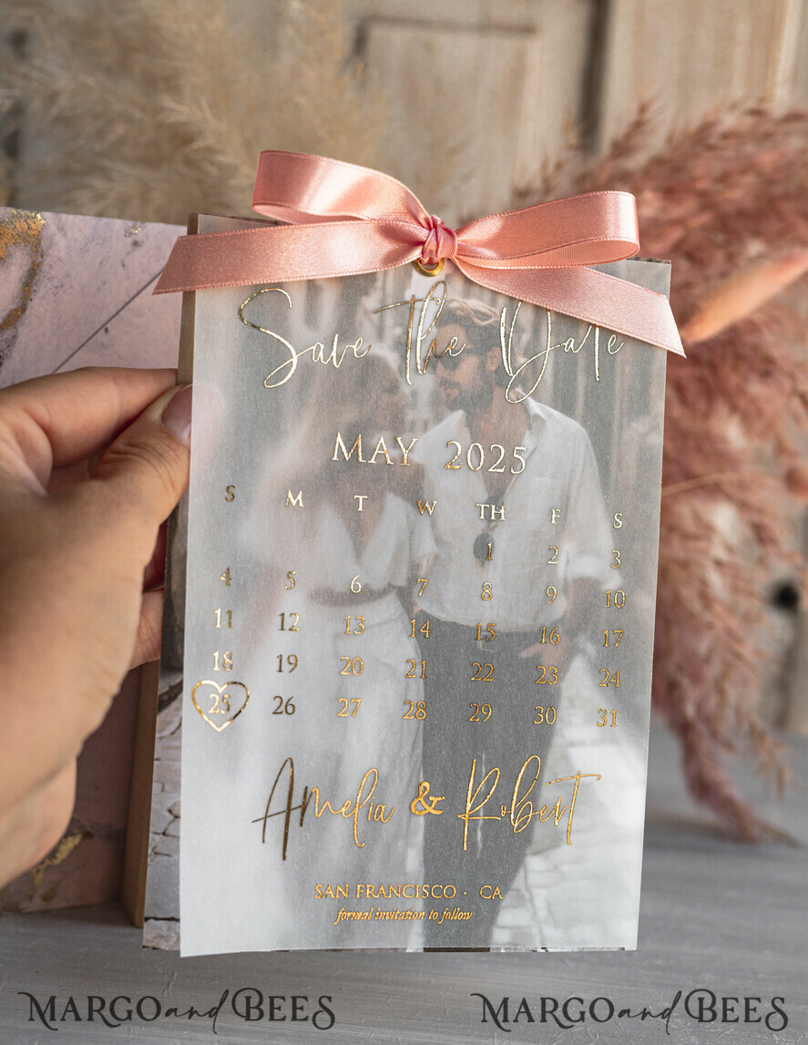 SAVE THE DATES photo vellum plexi  Pink Gold Marble Save the Date Cards with Photo, Vellum Save Our Dates with Photo Gold Foil Calendar Cards 