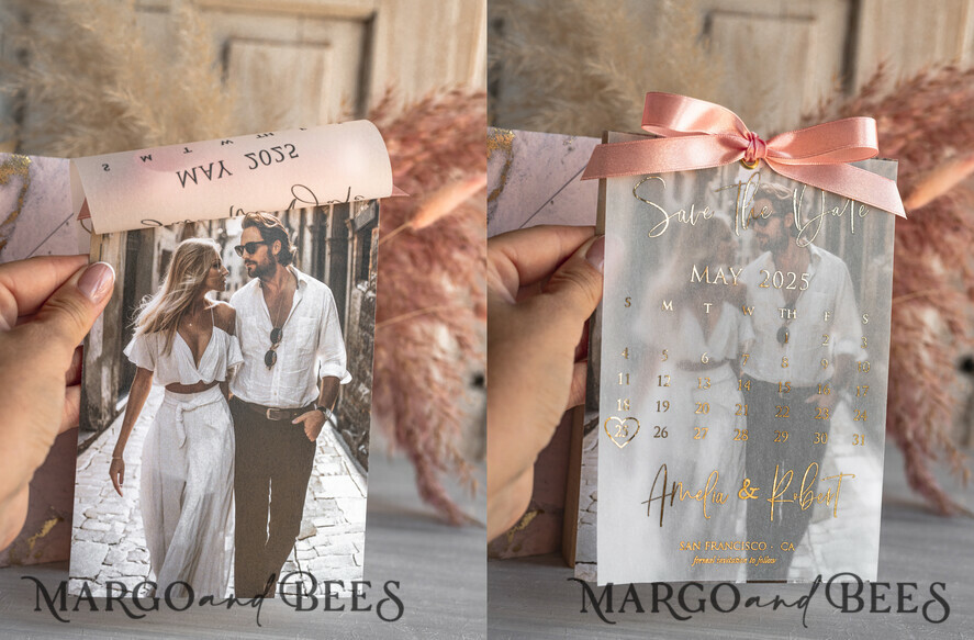 SAVE THE DATES photo vellum plexi  Pink Gold Marble Save the Date Cards with Photo, Vellum Save Our Dates with Photo Gold Foil Calendar Cards 