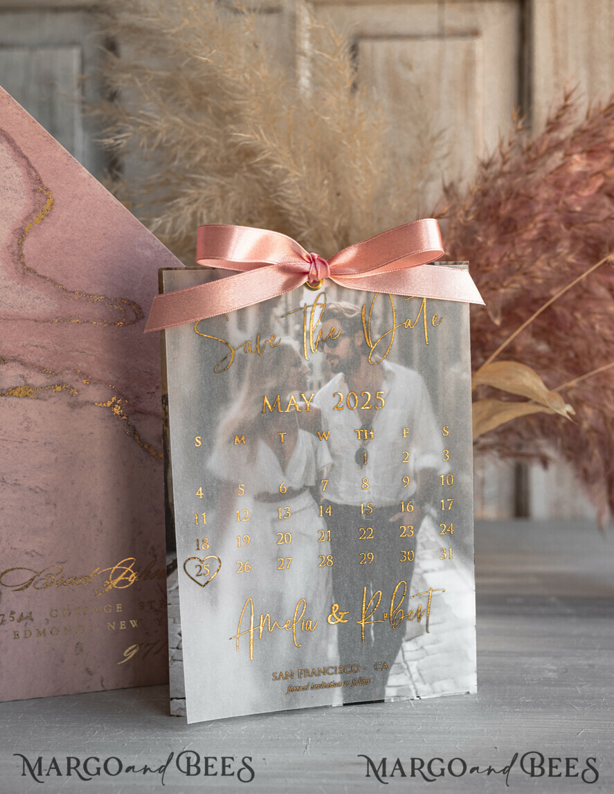 SAVE THE DATES photo vellum plexi  Pink Gold Marble Save the Date Cards with Photo, Vellum Save Our Dates with Photo Gold Foil Calendar Cards 