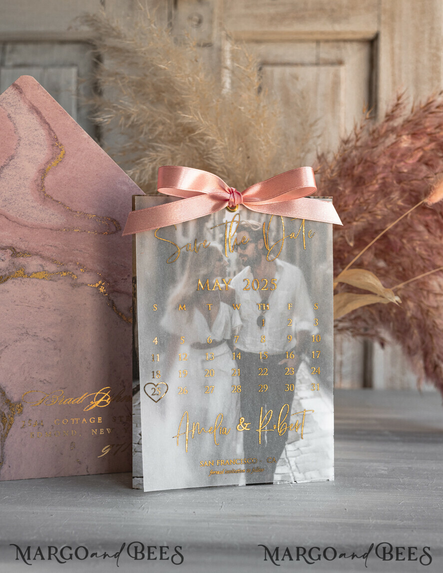 SAVE THE DATES photo vellum plexi  Pink Gold Marble Save the Date Cards with Photo, Vellum Save Our Dates with Photo Gold Foil Calendar Cards 