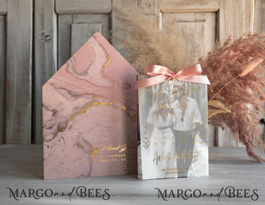 SAVE THE DATES photo vellum plexi  Pink Gold Marble Save the Date Cards with Photo, Vellum Save Our Dates with Photo Gold Foil Calendar Cards 