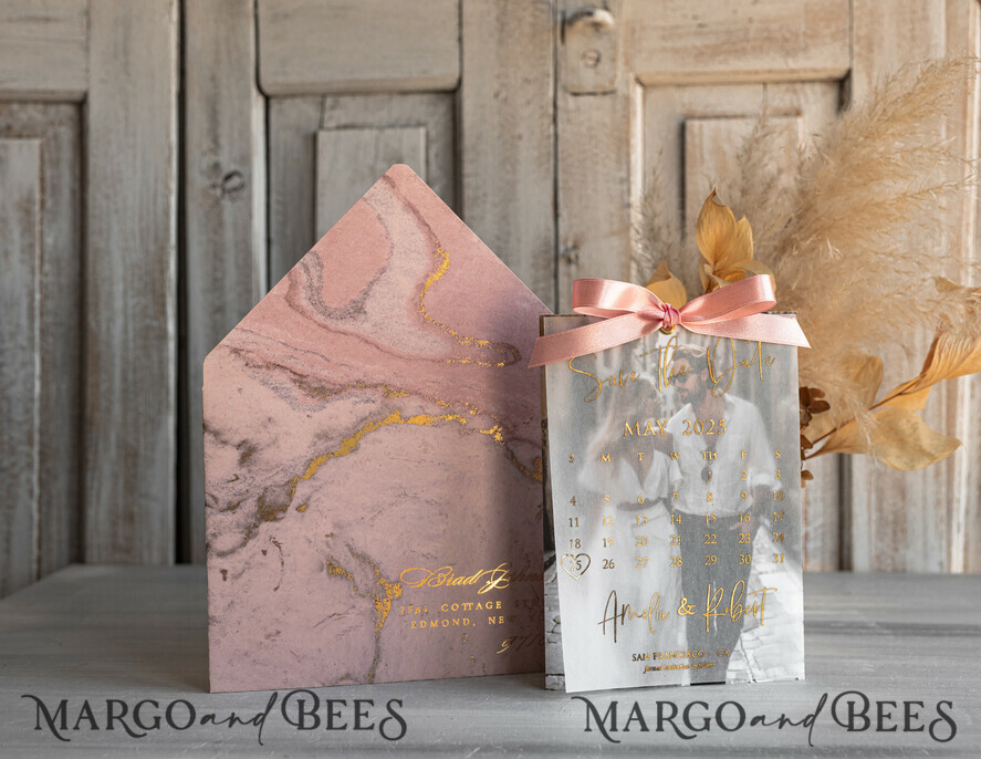SAVE THE DATES photo vellum plexi  Pink Gold Marble Save the Date Cards with Photo, Vellum Save Our Dates with Photo Gold Foil Calendar Cards 
