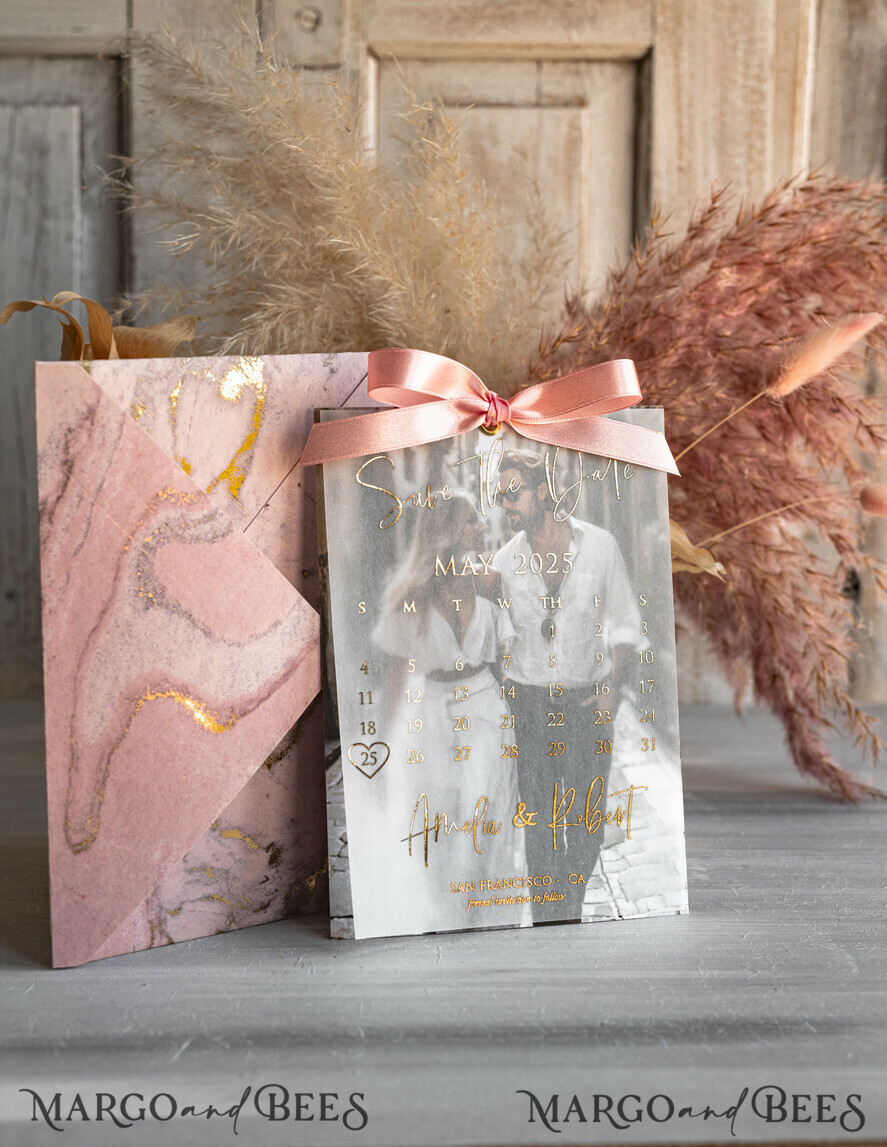 SAVE THE DATES photo vellum plexi  Pink Gold Marble Save the Date Cards with Photo, Vellum Save Our Dates with Photo Gold Foil Calendar Cards 