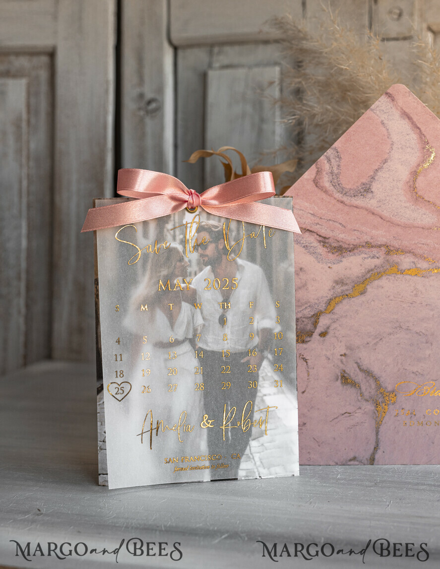 SAVE THE DATES photo vellum plexi  Pink Gold Marble Save the Date Cards with Photo, Vellum Save Our Dates with Photo Gold Foil Calendar Cards 