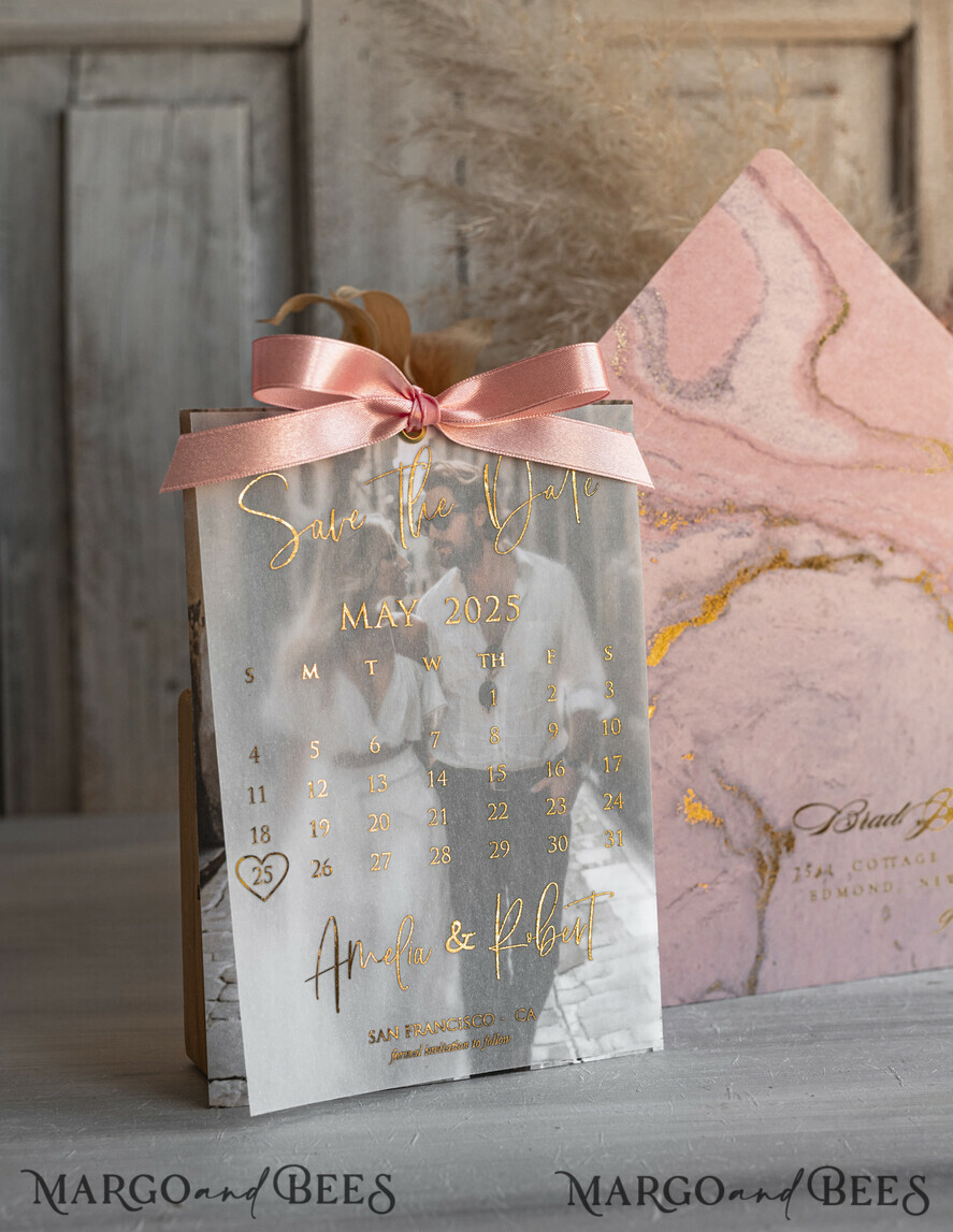 SAVE THE DATES photo vellum plexi  Pink Gold Marble Save the Date Cards with Photo, Vellum Save Our Dates with Photo Gold Foil Calendar Cards 