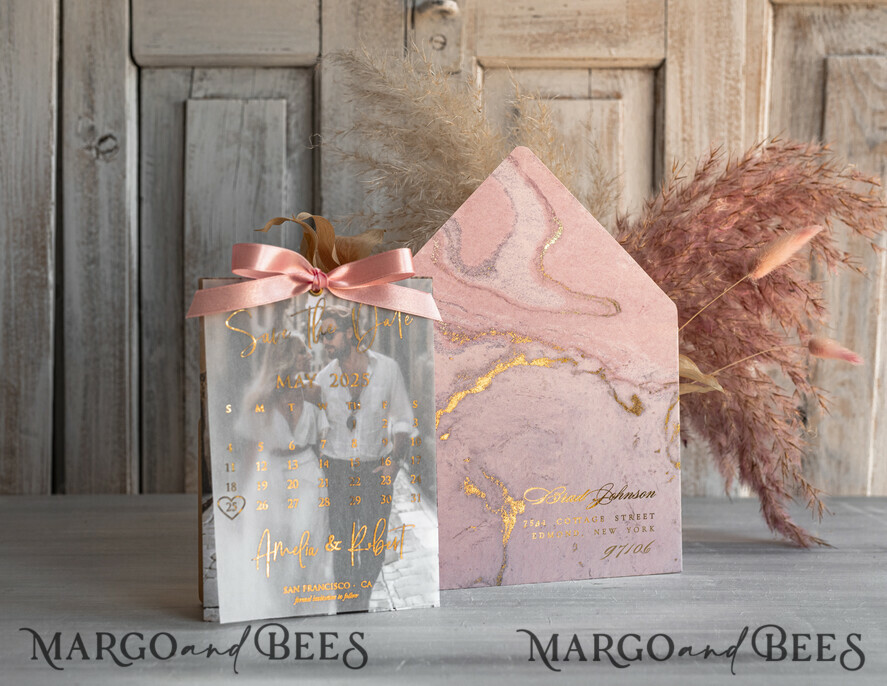 SAVE THE DATES photo vellum plexi  Pink Gold Marble Save the Date Cards with Photo, Vellum Save Our Dates with Photo Gold Foil Calendar Cards 