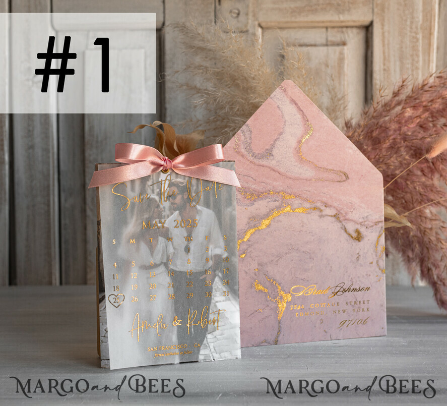 SAVE THE DATES photo vellum plexi  Pink Gold Marble Save the Date Cards with Photo, Vellum Save Our Dates with Photo Gold Foil Calendar Cards 