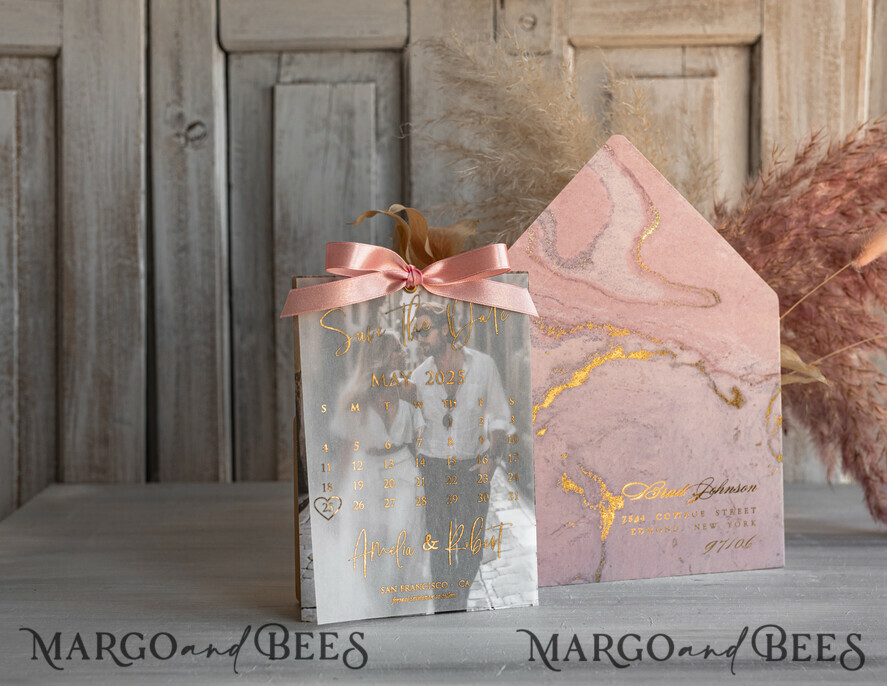 SAVE THE DATES photo vellum plexi  Pink Gold Marble Save the Date Cards with Photo, Vellum Save Our Dates with Photo Gold Foil Calendar Cards 