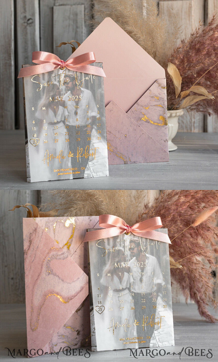 SAVE THE DATES photo vellum plexi  Pink Gold Marble Save the Date Cards with Photo, Vellum Save Our Dates with Photo Gold Foil Calendar Cards 