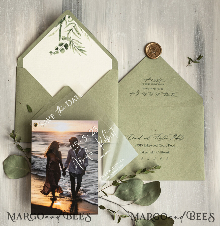SAVE THE DATES photo vellum plexi  Sage green Velvet Save the Date Cards with Photo, Greenery Plexi Clear Save Our Dates with Photo 