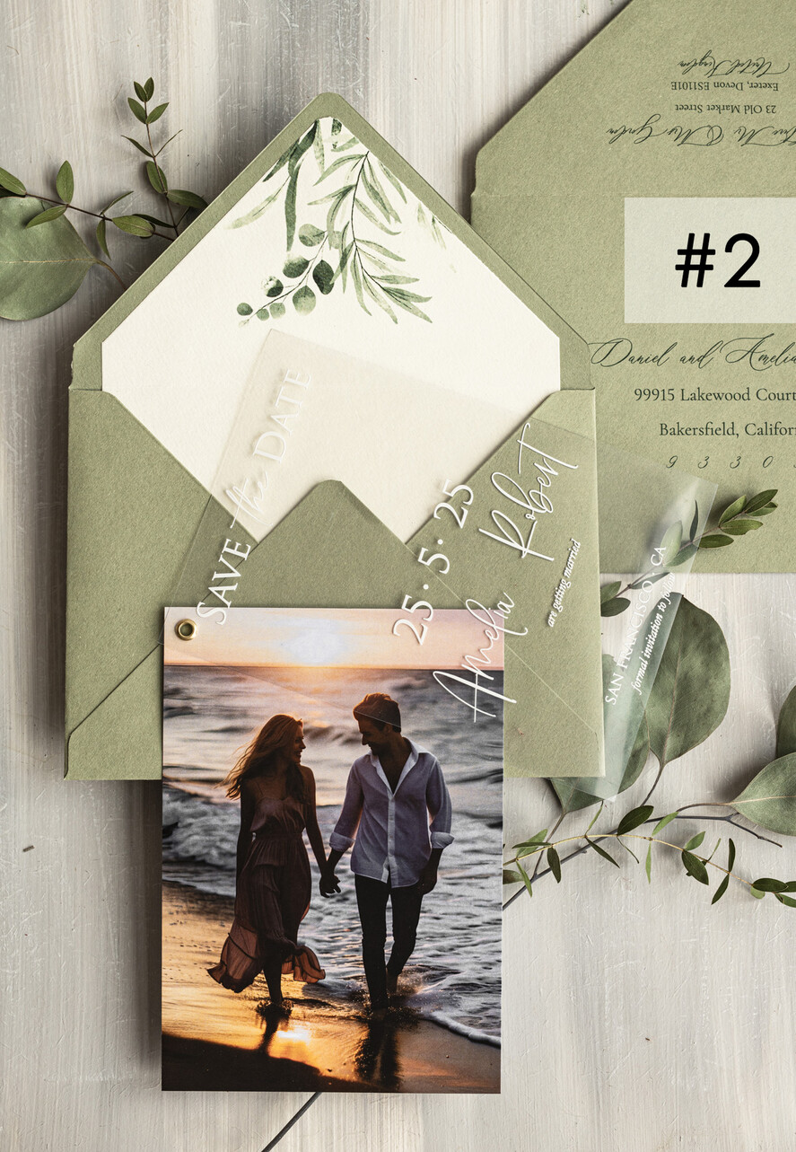SAVE THE DATES photo vellum plexi  Sage green Velvet Save the Date Cards with Photo, Greenery Plexi Clear Save Our Dates with Photo 