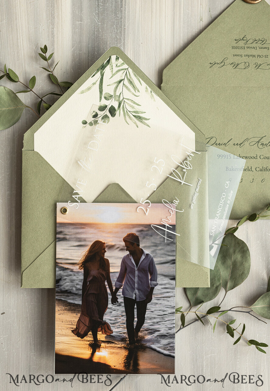 SAVE THE DATES photo vellum plexi  Sage green Velvet Save the Date Cards with Photo, Greenery Plexi Clear Save Our Dates with Photo 