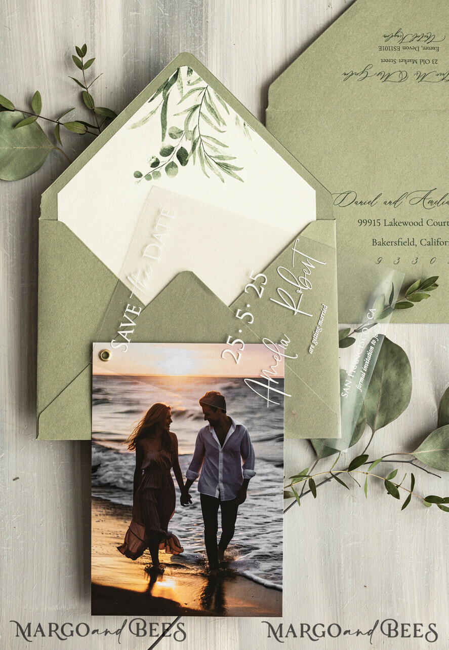 SAVE THE DATES photo vellum plexi  Sage green Velvet Save the Date Cards with Photo, Greenery Plexi Clear Save Our Dates with Photo 