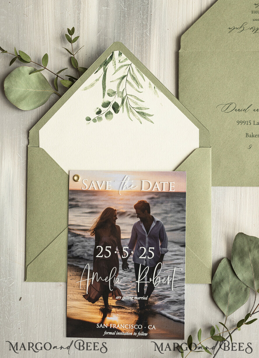 SAVE THE DATES photo vellum plexi  Sage green Velvet Save the Date Cards with Photo, Greenery Plexi Clear Save Our Dates with Photo 