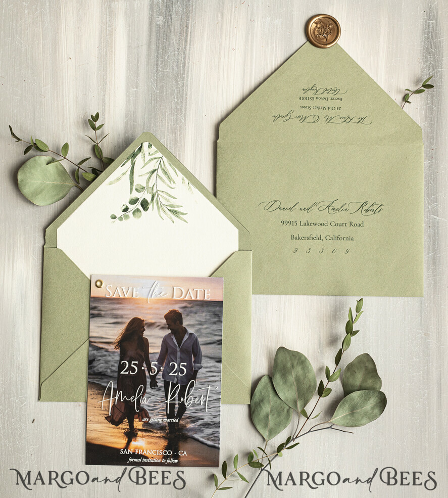 SAVE THE DATES photo vellum plexi  Sage green Velvet Save the Date Cards with Photo, Greenery Plexi Clear Save Our Dates with Photo 