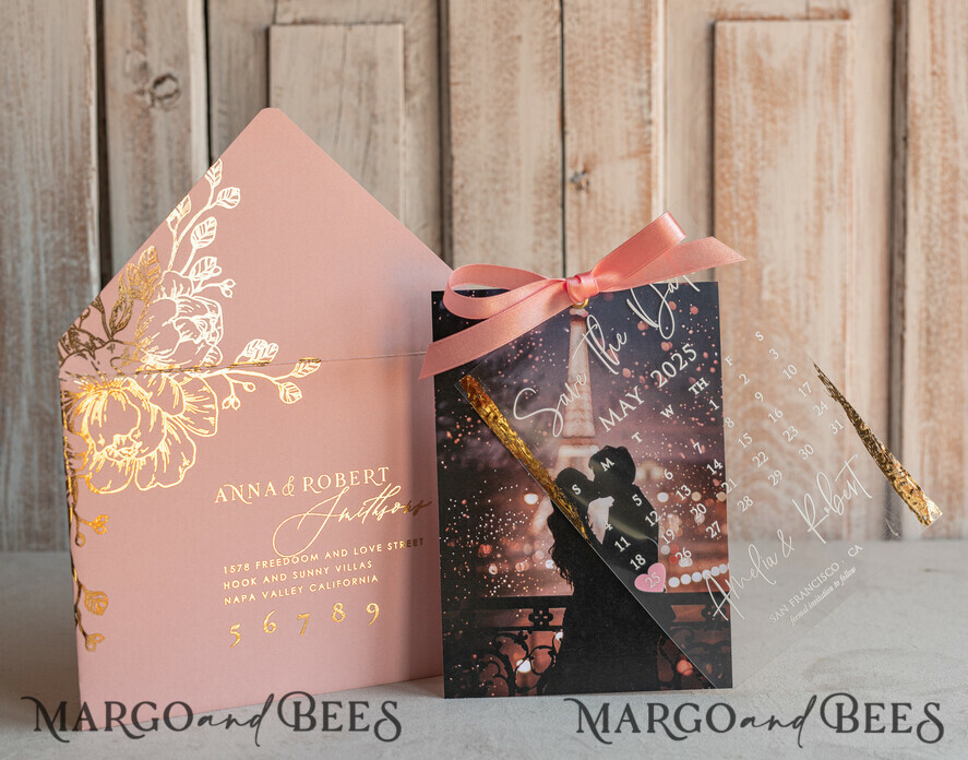 SAVE THE DATES photo vellum plexi  Blush Pink Callendar Clear Gold Save the Date Cards with Photo, Plexi Save Our Dates with Photo 