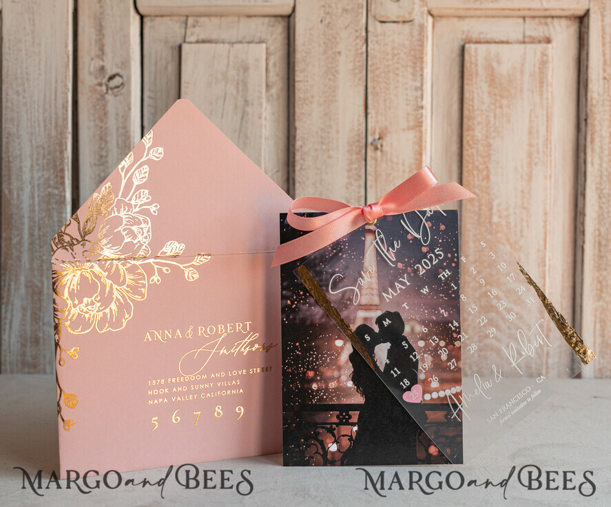 SAVE THE DATES photo vellum plexi  Blush Pink Callendar Clear Gold Save the Date Cards with Photo, Plexi Save Our Dates with Photo 