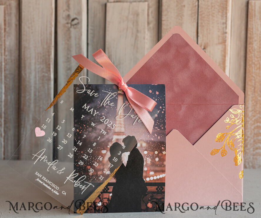 SAVE THE DATES photo vellum plexi  Blush Pink Callendar Clear Gold Save the Date Cards with Photo, Plexi Save Our Dates with Photo 