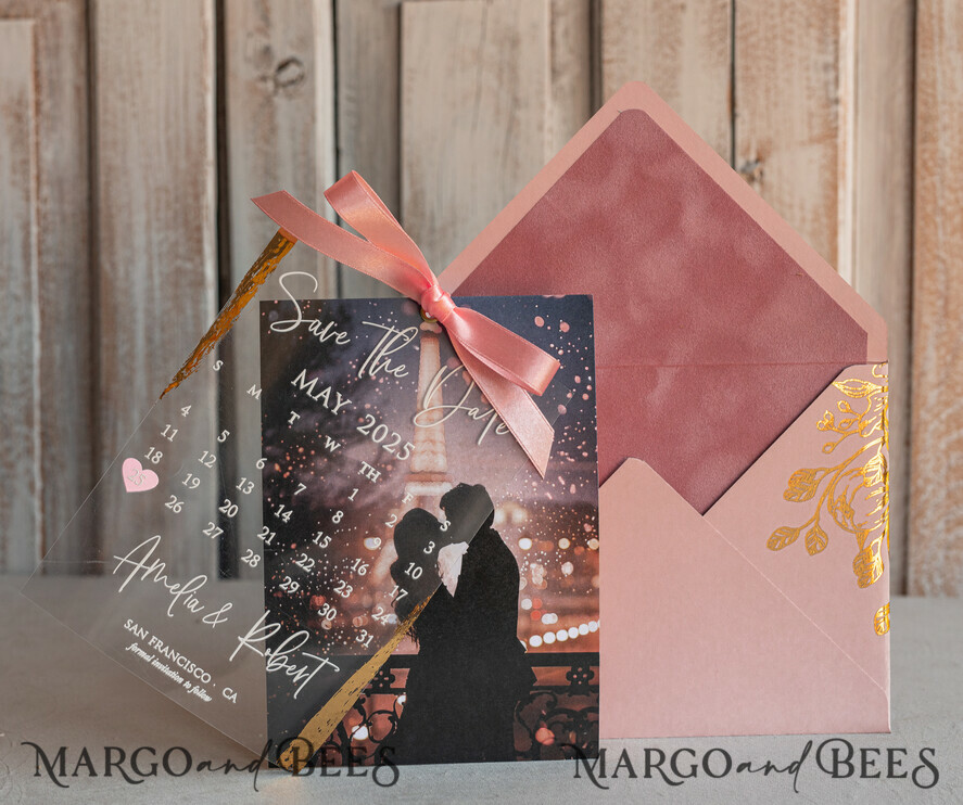 SAVE THE DATES photo vellum plexi  Blush Pink Callendar Clear Gold Save the Date Cards with Photo, Plexi Save Our Dates with Photo 