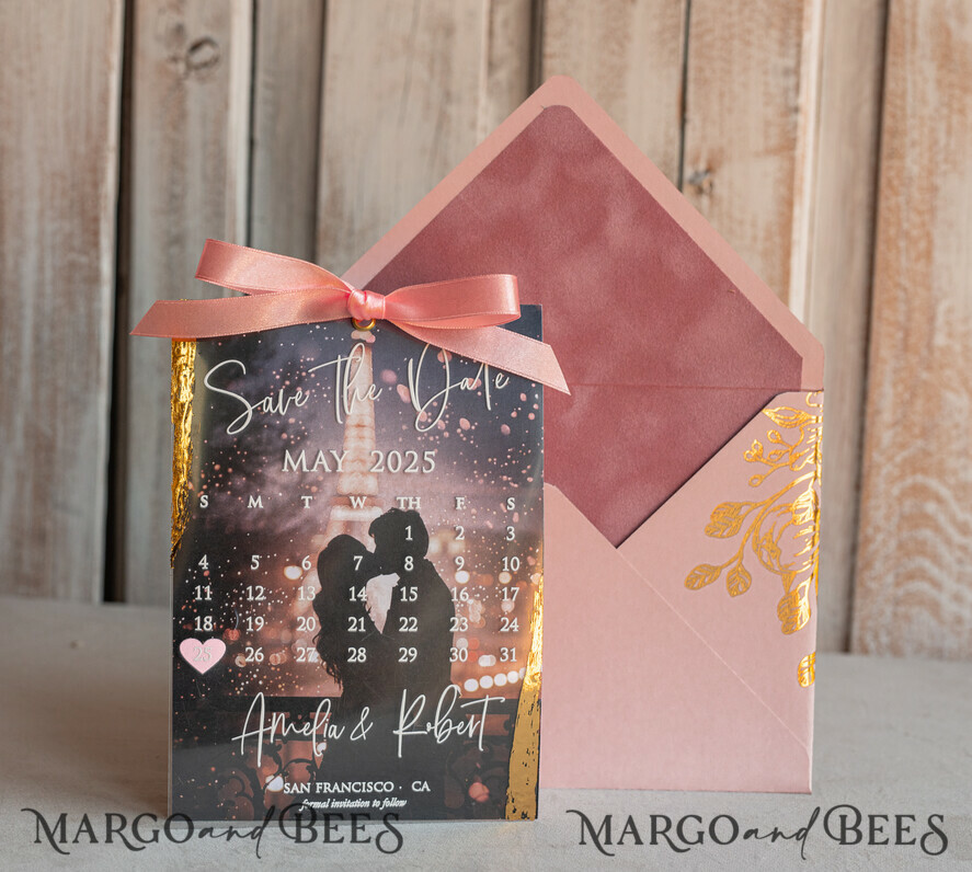SAVE THE DATES photo vellum plexi  Blush Pink Callendar Clear Gold Save the Date Cards with Photo, Plexi Save Our Dates with Photo 