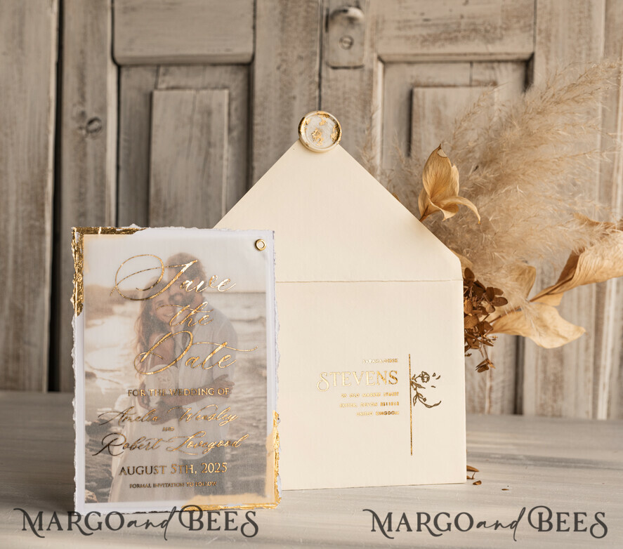 SAVE THE DATES photo vellum plexi   Save the Date Cards with Photo, Vellum Golden Save Our Dates with Photo 