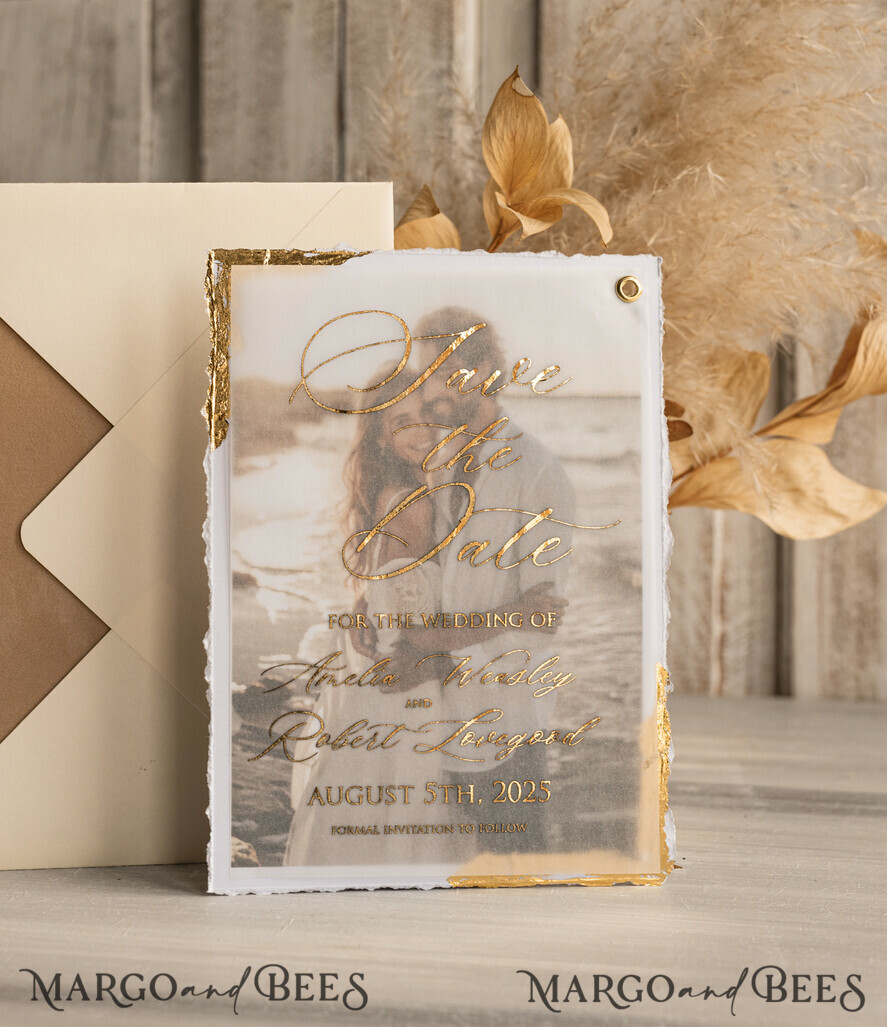 SAVE THE DATES photo vellum plexi   Save the Date Cards with Photo, Vellum Golden Save Our Dates with Photo 
