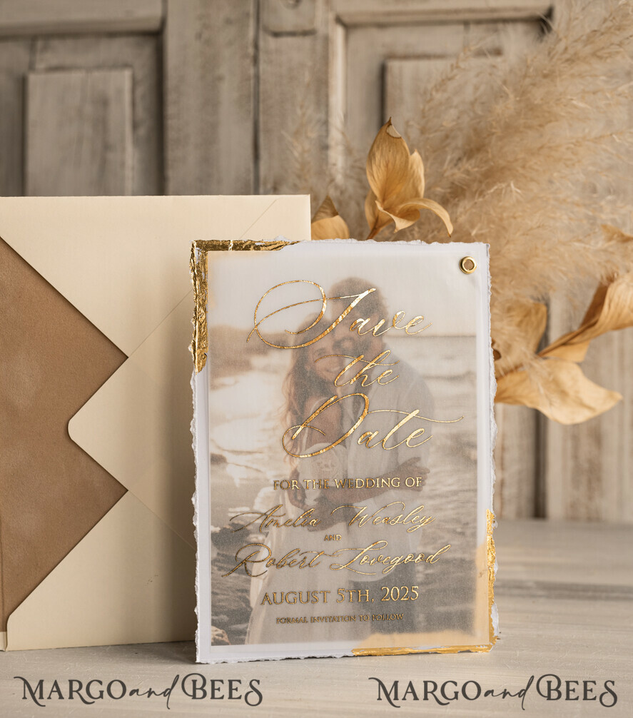 SAVE THE DATES photo vellum plexi   Save the Date Cards with Photo, Vellum Golden Save Our Dates with Photo 