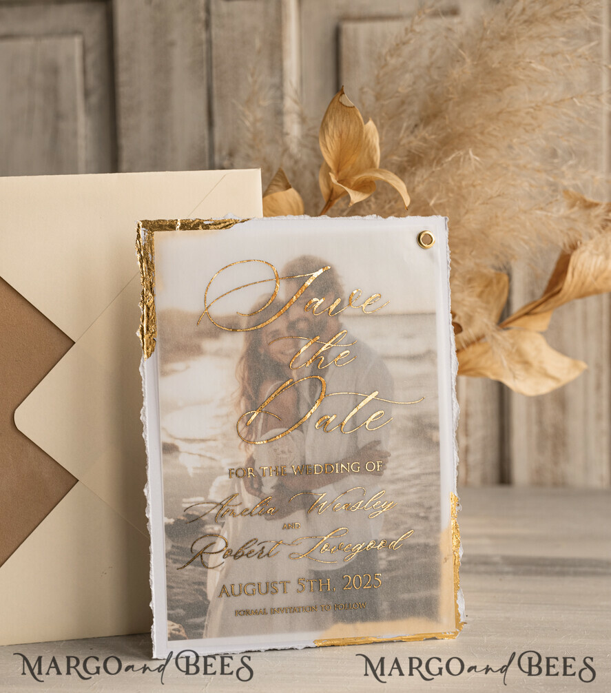 SAVE THE DATES photo vellum plexi   Save the Date Cards with Photo, Vellum Golden Save Our Dates with Photo 