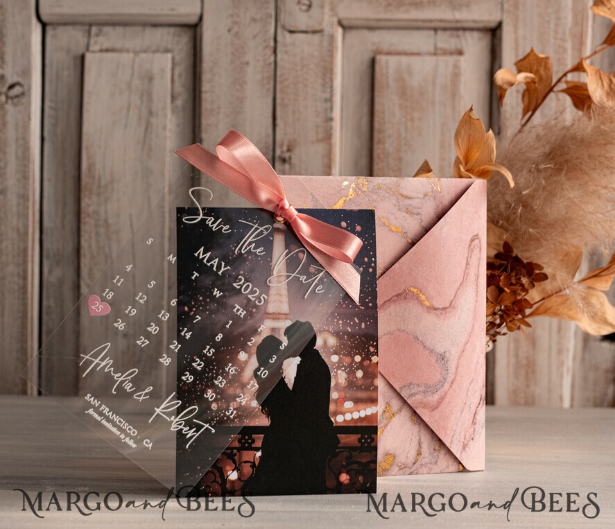 SAVE THE DATES photo vellum plexi  Callendar Clear Blush Pink Marble Gold Save the Date Cards with Photo, Plexi Clear Save Our Dates with Photo 