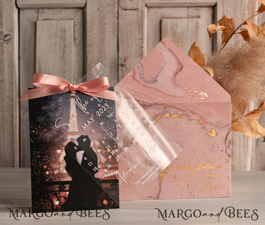 SAVE THE DATES photo vellum plexi  Callendar Clear Blush Pink Marble Gold Save the Date Cards with Photo, Plexi Clear Save Our Dates with Photo 