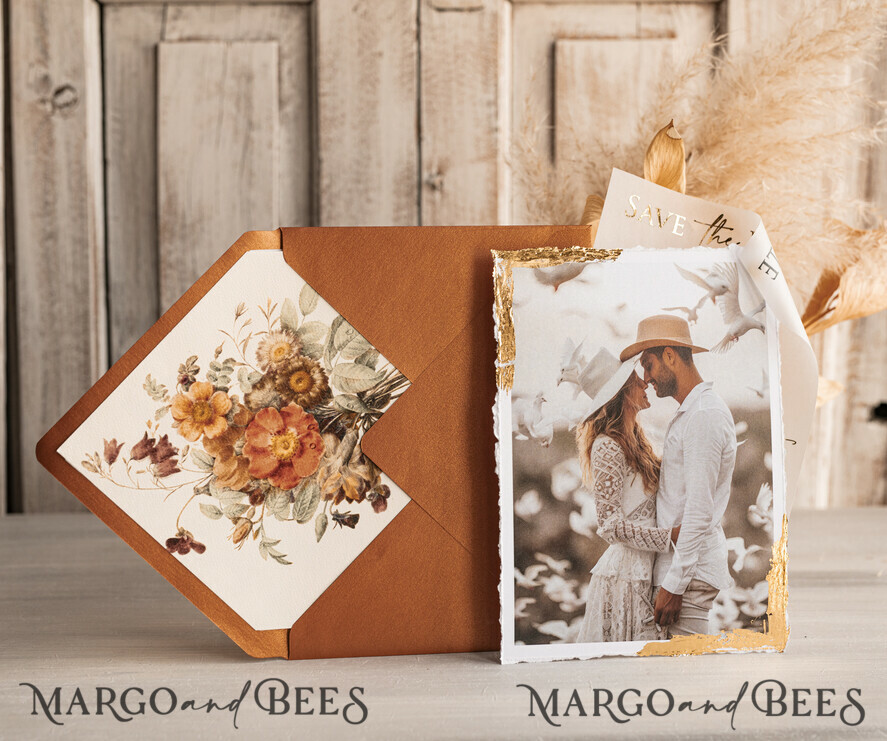 SAVE THE DATES photo vellum plexi   Terracotta Save the Date Cards with Photo, Burnt Orange Vellum Golden Save Our Dates with Photo 
