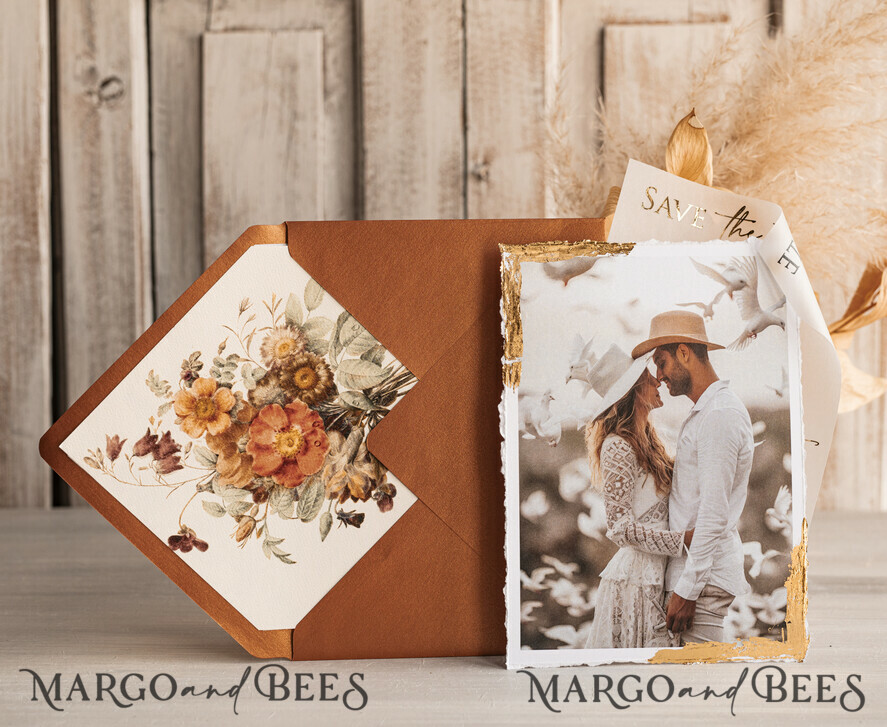SAVE THE DATES photo vellum plexi   Terracotta Save the Date Cards with Photo, Burnt Orange Vellum Golden Save Our Dates with Photo 