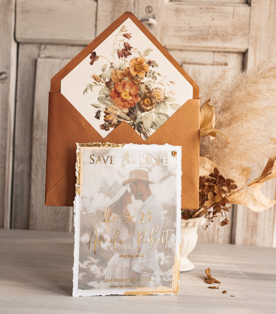 SAVE THE DATES photo vellum plexi   Terracotta Save the Date Cards with Photo, Burnt Orange Vellum Golden Save Our Dates with Photo 