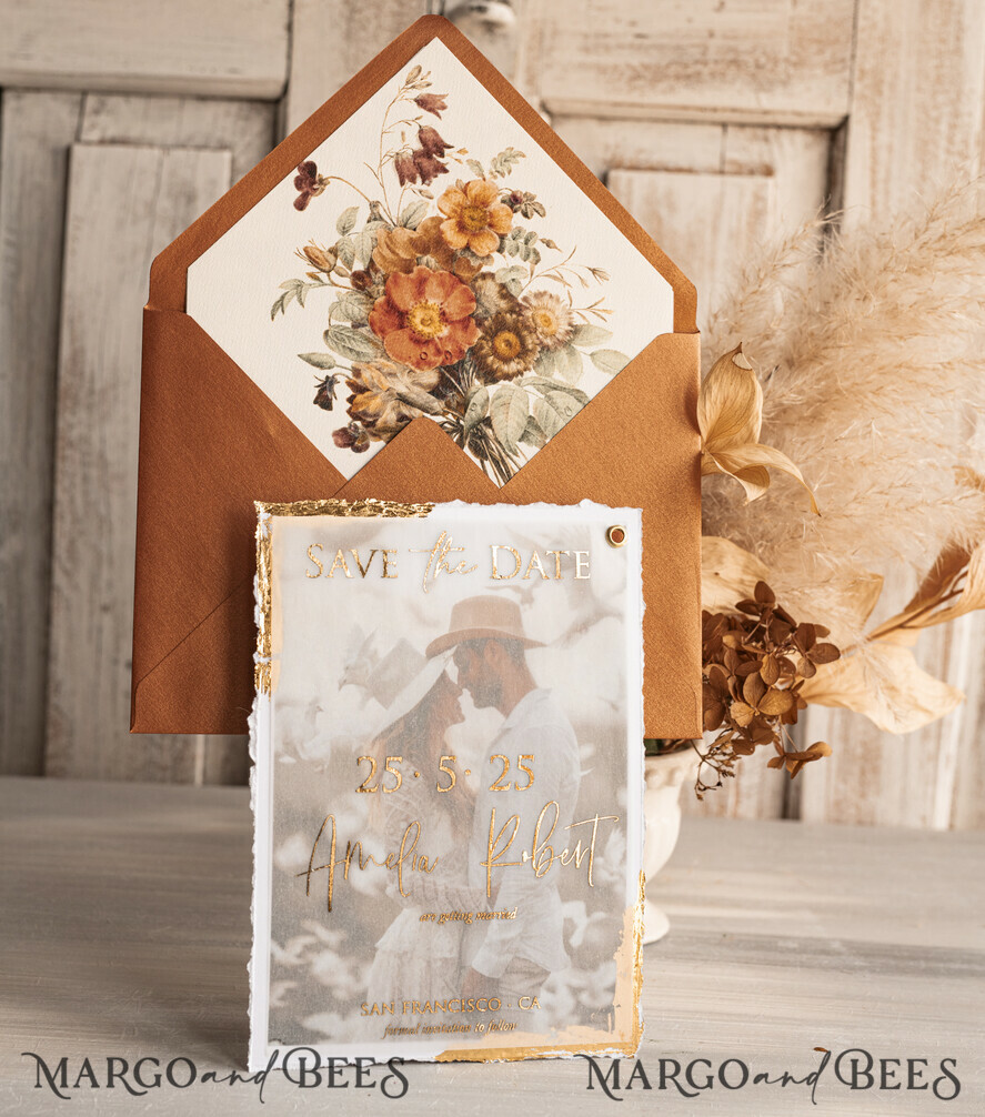 SAVE THE DATES photo vellum plexi   Terracotta Save the Date Cards with Photo, Burnt Orange Vellum Golden Save Our Dates with Photo 