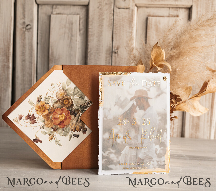 SAVE THE DATES photo vellum plexi   Terracotta Save the Date Cards with Photo, Burnt Orange Vellum Golden Save Our Dates with Photo 