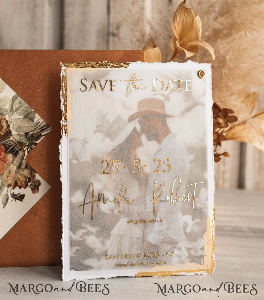 SAVE THE DATES photo vellum plexi   Terracotta Save the Date Cards with Photo, Burnt Orange Vellum Golden Save Our Dates with Photo 