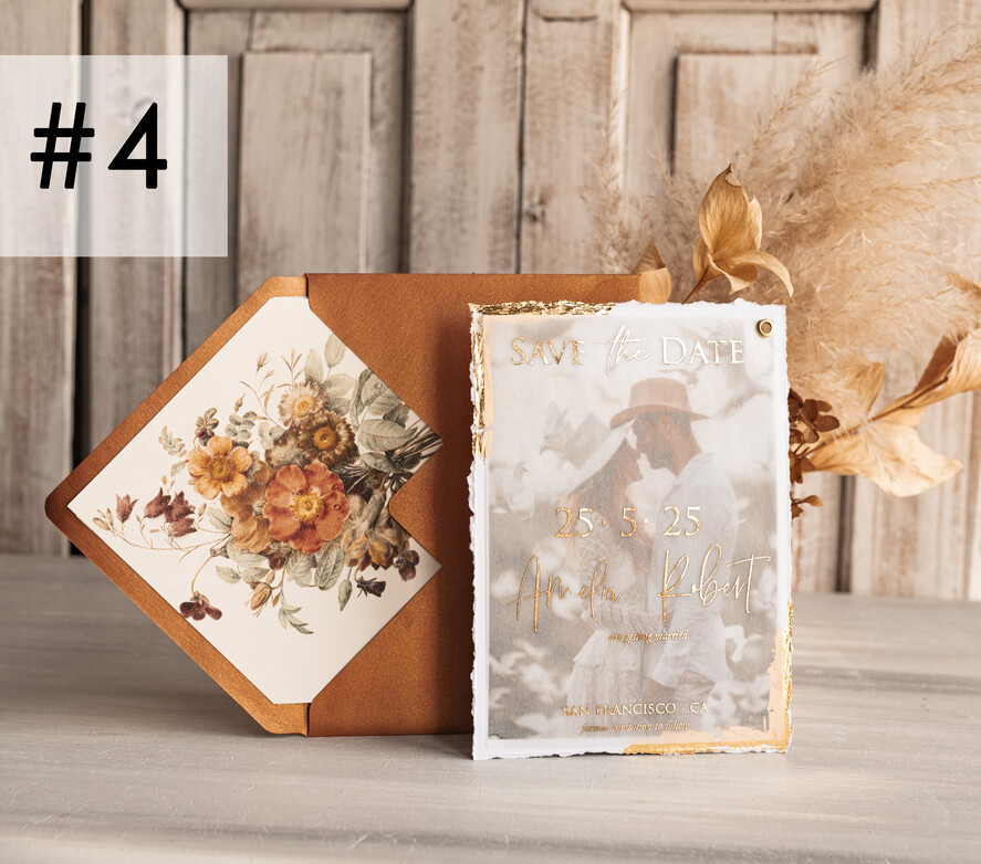 SAVE THE DATES photo vellum plexi   Terracotta Save the Date Cards with Photo, Burnt Orange Vellum Golden Save Our Dates with Photo 